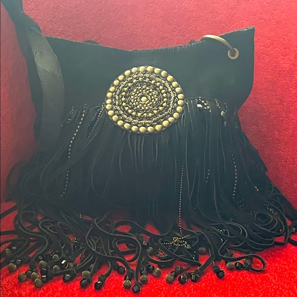 Black suede leather Y2K Fringe BoHo Shoulder Bag with Gold beads